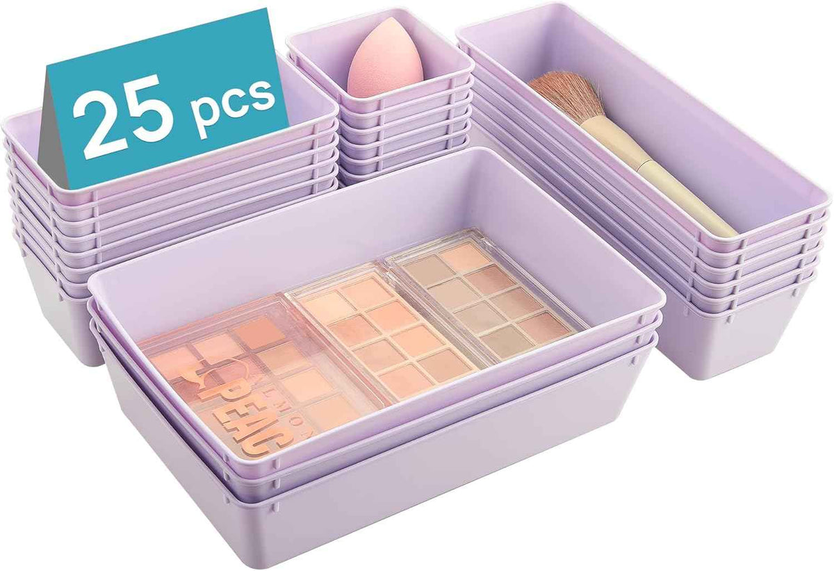 Vtopmart 25 PCS Clear Plastic Drawer Organizers Set, 4-Size Versatile Bathroom and Vanity Drawer Organizer Trays, Storage Bins for Makeup, Bedroom, Kitchen Gadgets Utensils and Office