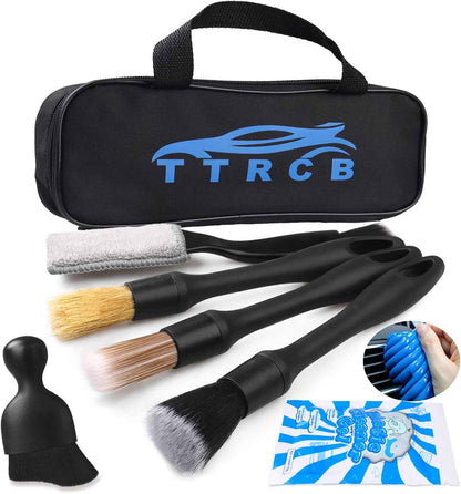 7 piece car detailing brush set with ultra-soft boar hair bristles and cleaning gel