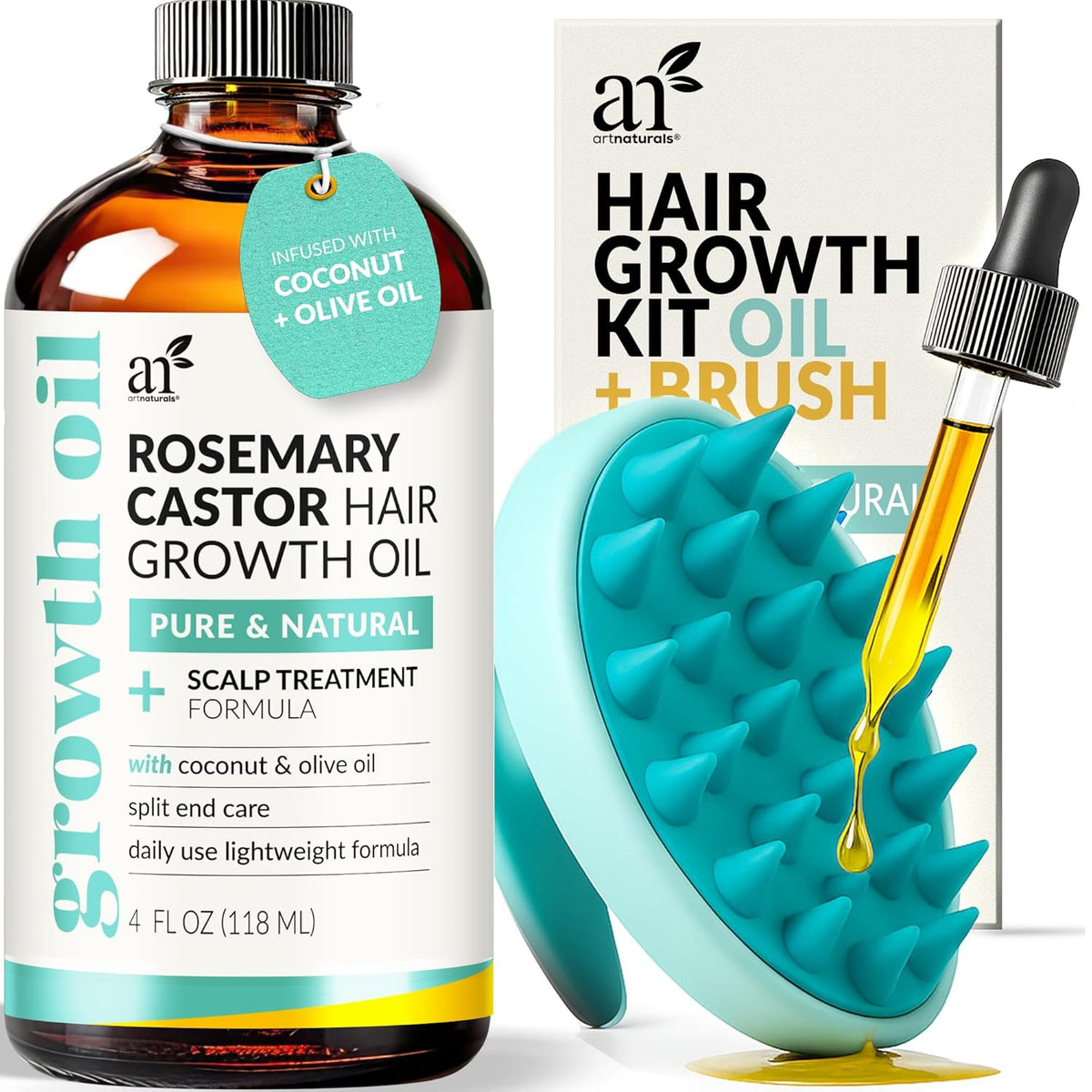 Artnaturals Organic Rosemary Castor Hair Oil + Massager Hair Growth Set Hair Growth Oil 4 ounces with Coconut & Olive Oil for Dry, Damaged & Split End