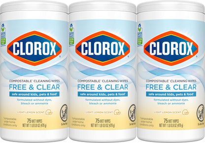Clorox Free & Clear Cleaning Wipes, Light Lemon Scent, 75 Count, Pack of 3 (Pack May Vary)