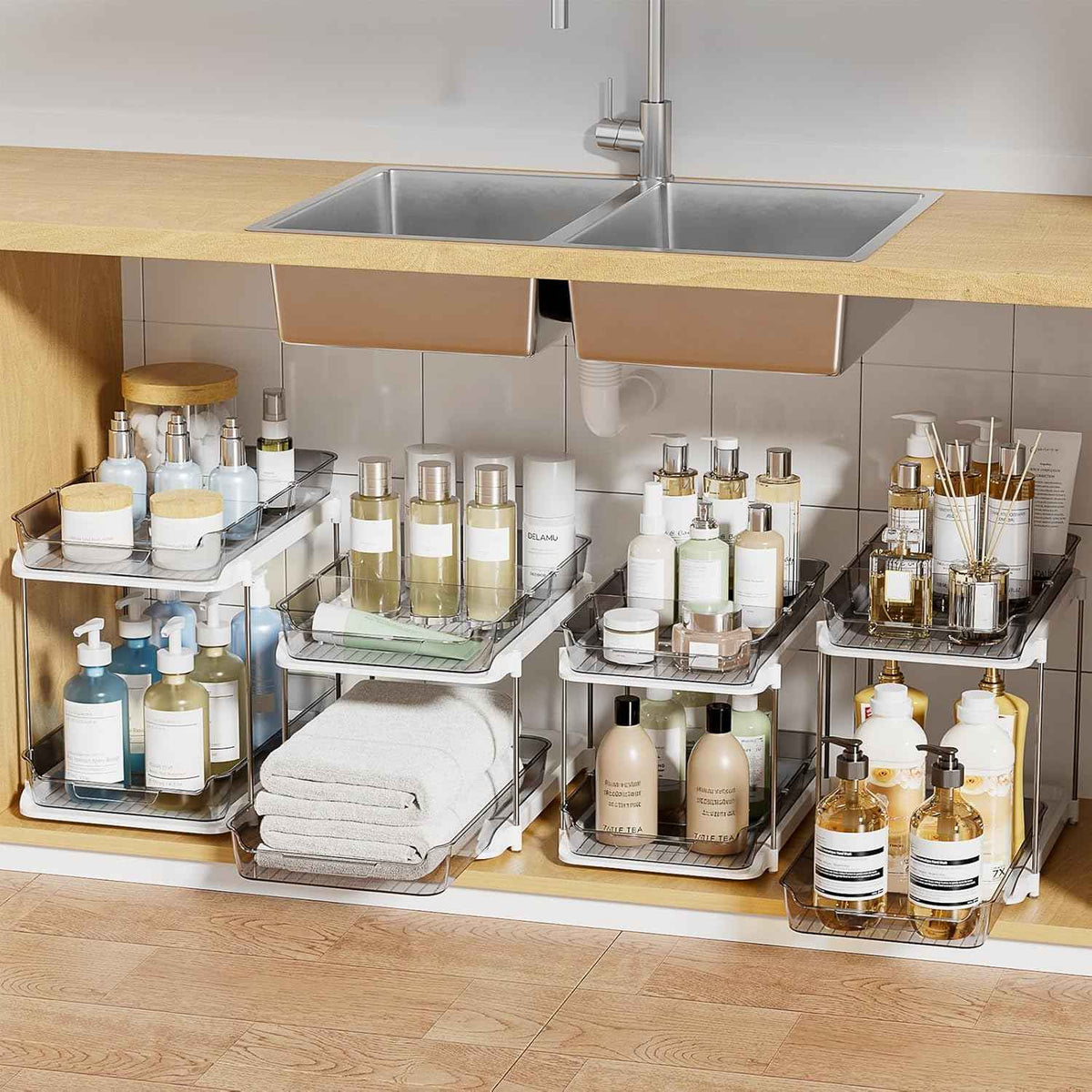 Delamu 2-Tier Multi-Purpose Bathroom Under Sink Organizers and Storage, Stackable Kitchen Pantry Organization, Pull Out Medicine Cabinet Organizer with Movable Dividers, White, 2 Pack