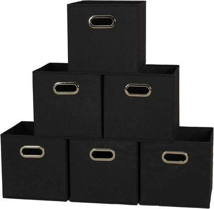 Household Essentials Foldable Fabric Storage Bins 6 Piece Set, Strong Poly-Woven Fabric, Sturdy Chipboard Sides, Grommet Front Handle, Stackable and Foldable, Classic Design, Black