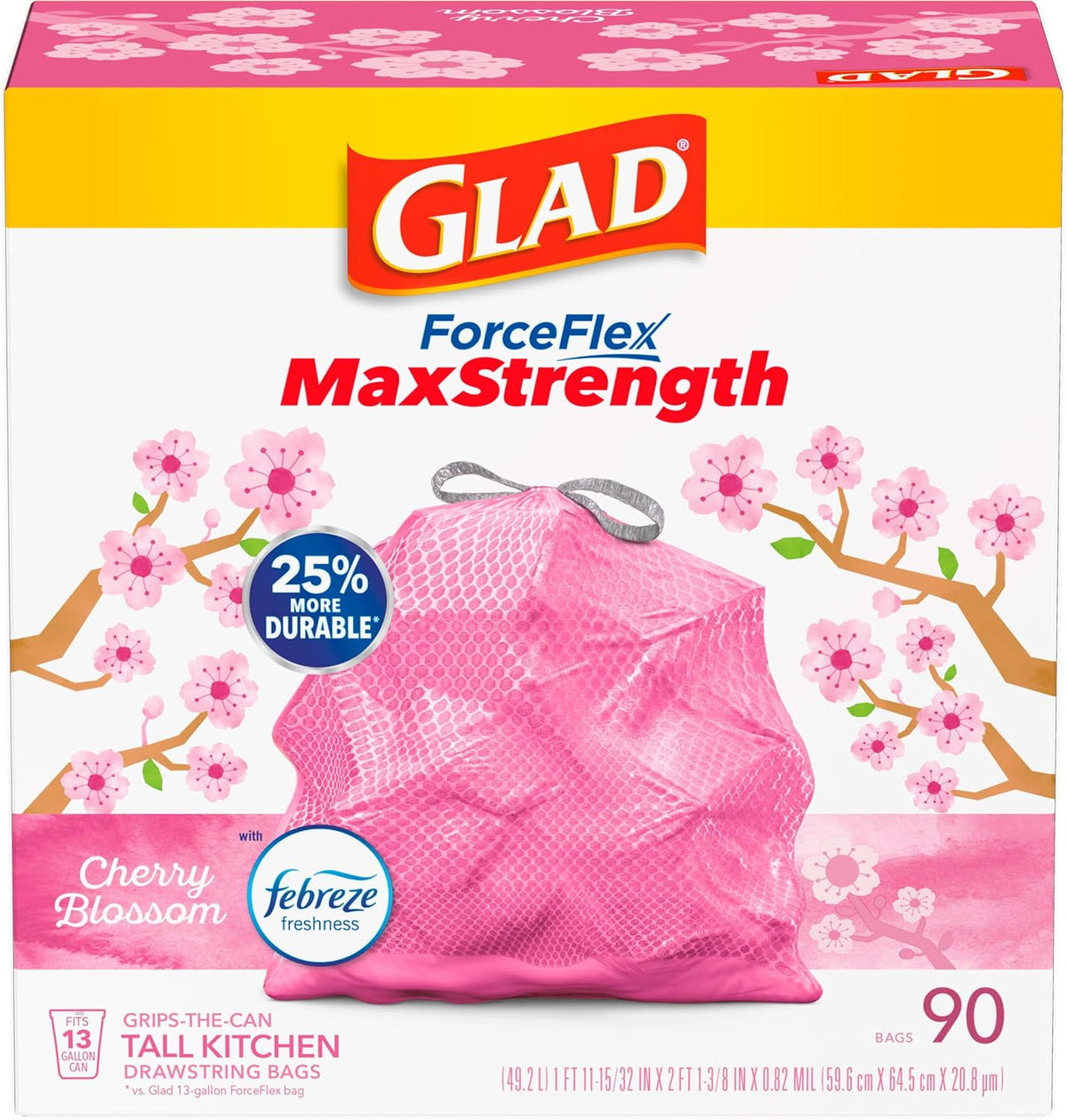 Glad Tall Kitchen Trash Bags 13 Gallon, MaxStrength Cherry Blossom Garbage Bags, Drawstring, 90 Count - Rayz Mart