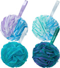 amazerbath loofah sponge 75g/piece, exfoliating bath sponge body scrubber, loofa set of 4 in flower color, large, green-purple