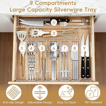 Silverware Organizer, Clear Utensil Drawer Tray with Adjustable Compartments for Spoons, Forks, Knives
