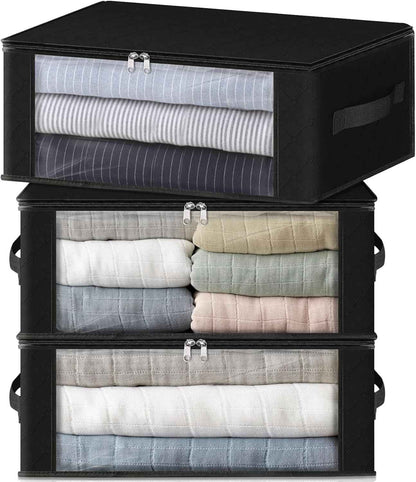 HomeHacks Storage 3-Pack Clothes Organizer Storage Bags Foldable Storage Box with Large Clear Window Sturdy Handles for Closet, Dorm, Pillows, Bedding, Clothes, Blankets, 35L, Gray