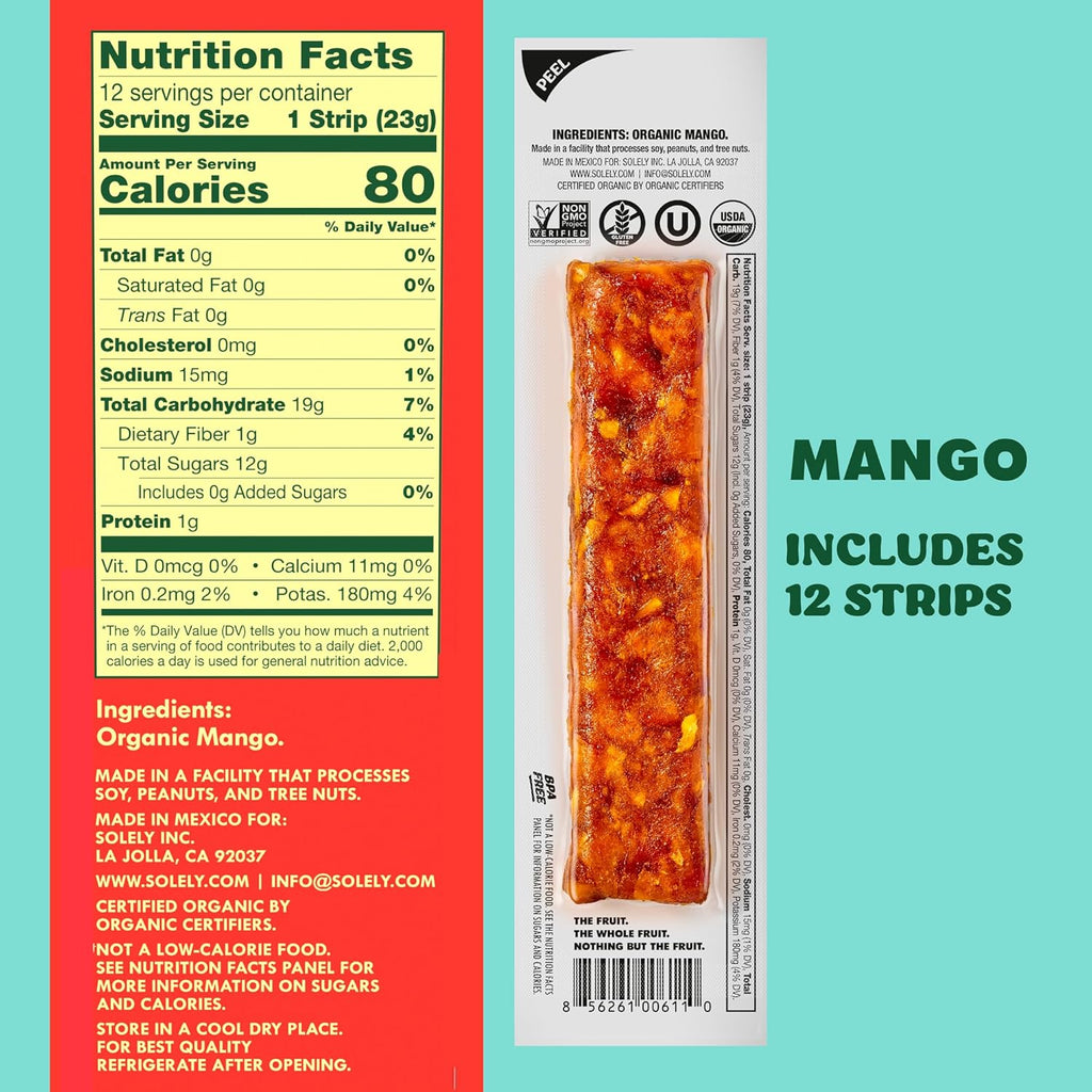 solely organic mango fruit jerky 12 individually wrapped fruit strips healthy vegan snacks