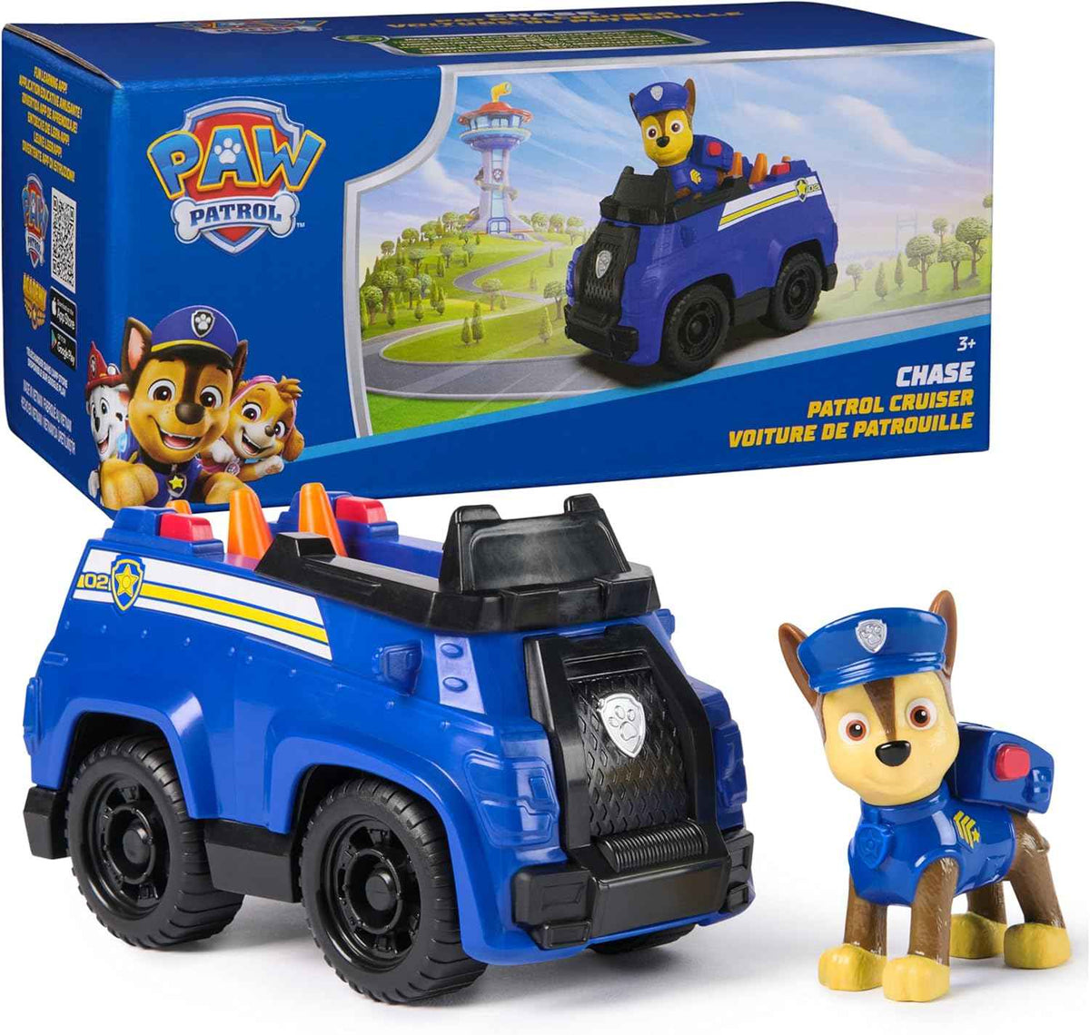 PAW Patrol, Chase’s Patrol Cruiser, Toy Car with Collectible Action Figure, Sustainably Minded Kids Toys for Boys & Girls Ages 3 and Up