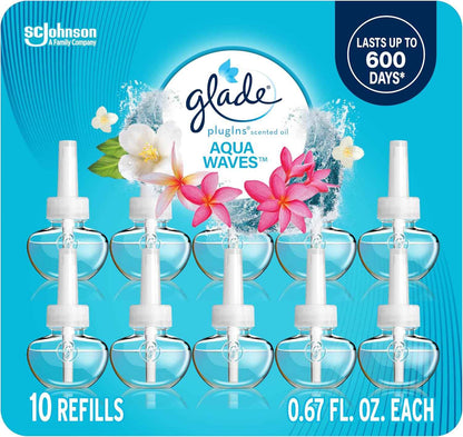 Glade PlugIns Refills Air Freshener, Scented and Essential Oils for Home and Bathroom, Aqua Waves, 6.7 Fl Oz, 10 Count