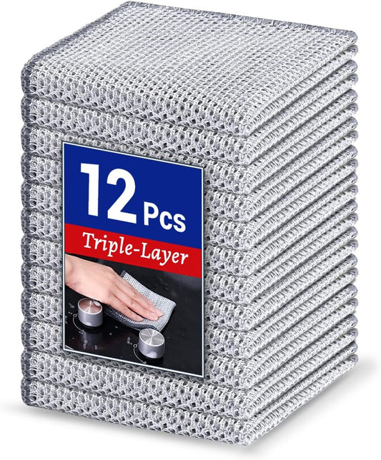 12 PCS 3-Layer Non-Scratch Multipurpose Steel Wire Dishcloths - Reusable Quick-Dry Odor-Free Scrub Cloths for Dishes, Kitchen Cleaning Cloths for Cookware, Sinks, Stove Tops(7.87X7.87)