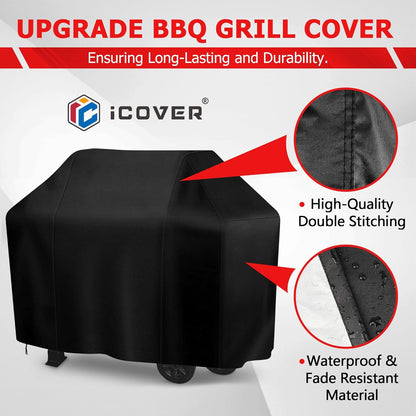 iCOVER Grill Cover, 58 inch BBQ Grill Cover for Outdoor Grill, Anti-UV & Fade Resistant Gas Grill Cover, Waterproof Barbecue Grill Covers for Weber, Char-Broil, Nexgrill and More, Black