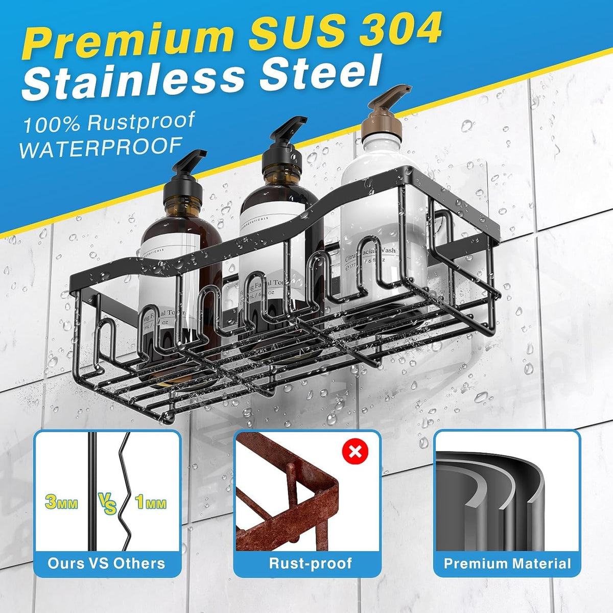 5-Pack Rustproof Stainless Steel Shower Caddy Set– No Drill Adhesive Bathroom Organizer, Space-Saving Shower Shelves for Apartment Essentials, Bathroom/Kitchen Storage Home Decor-L Size