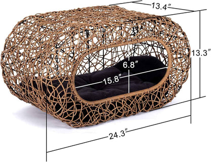 d+ garden cat hideaway house for indoor cats, faux rattan cat bed with top/side entry and enclosed space, 24.5 x 13.3 x 13.8 inches, pet friendly