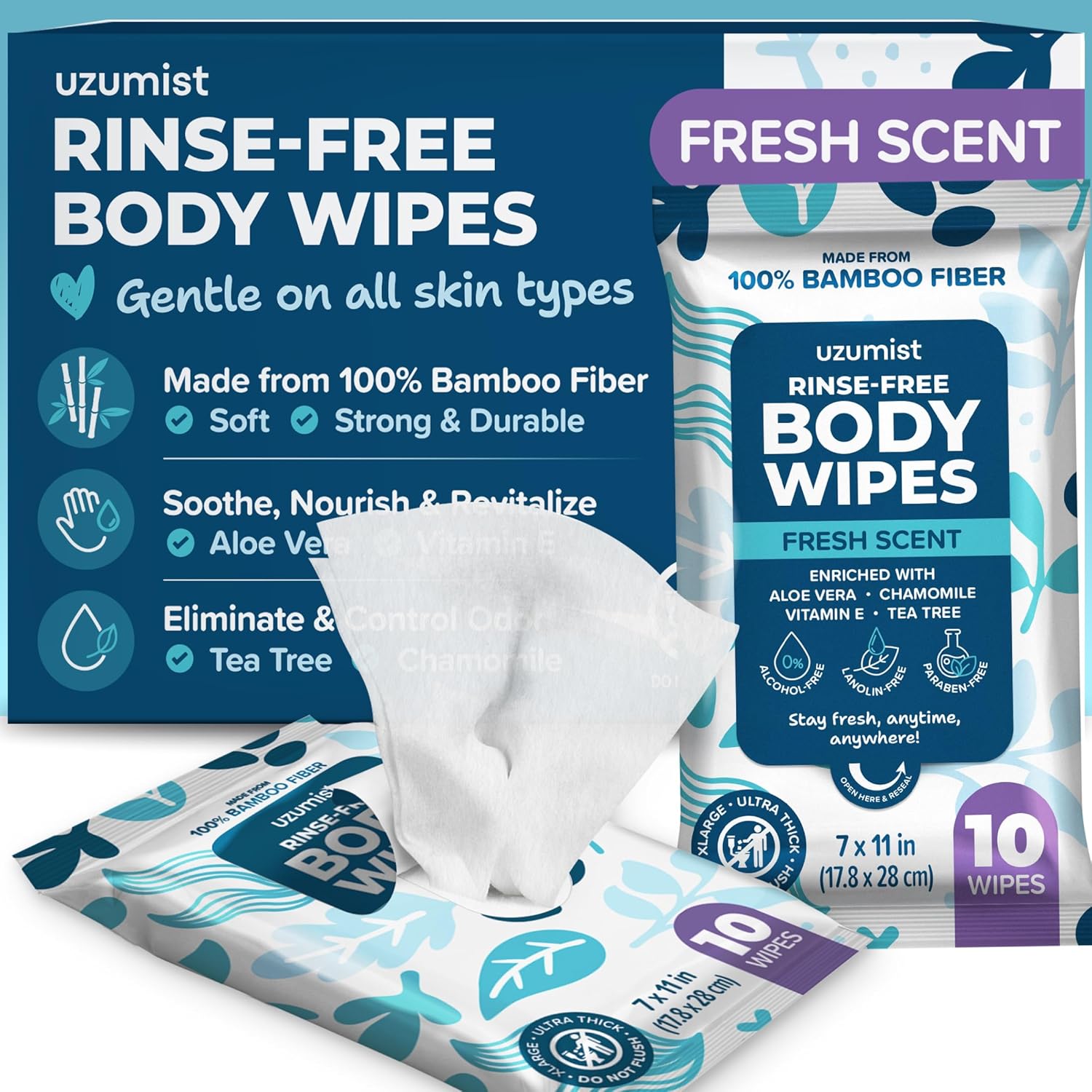 Body Wipes for Adults, No Rinse, 50pc XL, Ultra Thick Shower Travel Wipes for Personal Cleansing & Hygiene Essentials