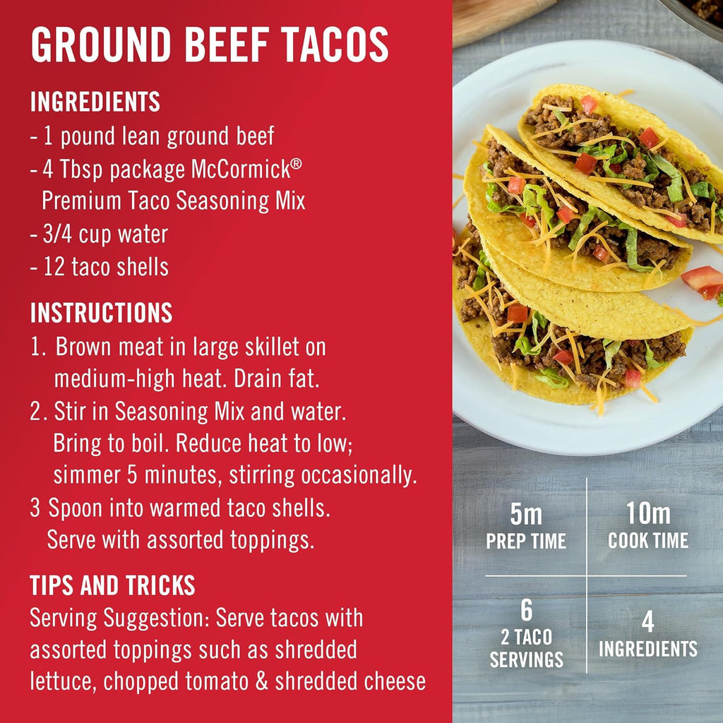 McCormick premium taco seasoning mix, 24 oz, no artificial flavors, large size, easy taco recipe