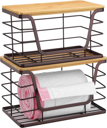 ALOCEO 2 Pack Storage Stackable Kitchen Laundry Organizers with Bamboo Top, Large Trash Bag Holder and Small Garbage Bag Dispenser for Countertop Organization
