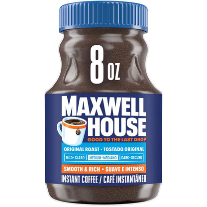 maxwell house original roast instant coffee, 8 oz, smooth, rich, full-bodied, no brewer required
