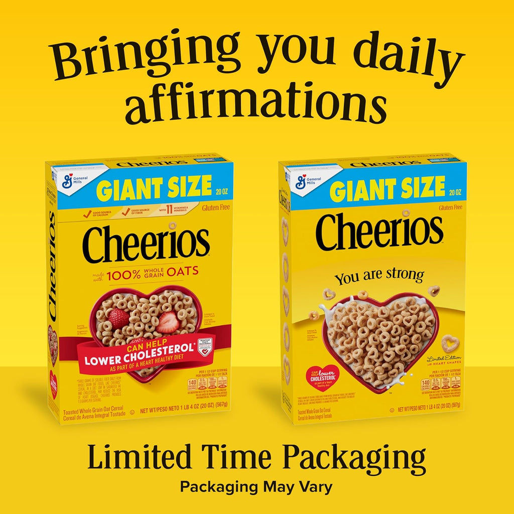 Cheerios Limited Edition Heart Shapes, Affirmations Box, Gluten Free, Giant Size, 20 oz Cereal