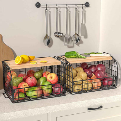 2 Set Stackable Wire Basket with Openable Top, Kitchen Counter, Pantry Organizer and Storage Produce Onion Potato Fruits Vegs Bread Food Snack Spice Organizing Bin for Cabinet Shelf Countertop Floor