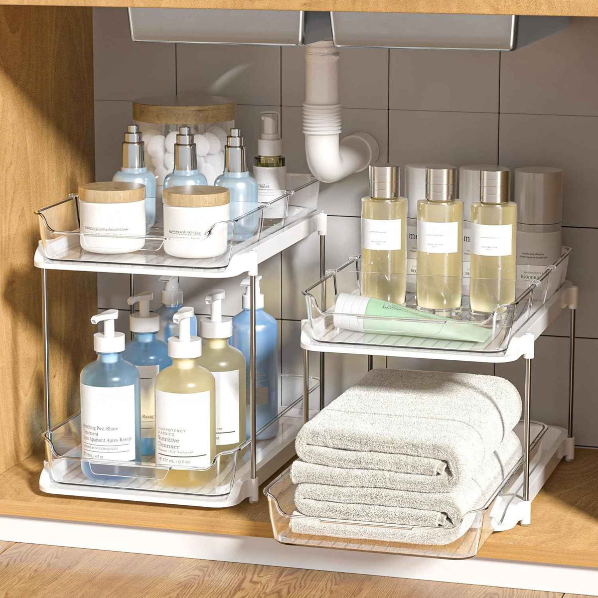 Delamu 2-Tier White Bathroom Under Sink Organizer, Stackable, 2-Pack, Durable, Customizable