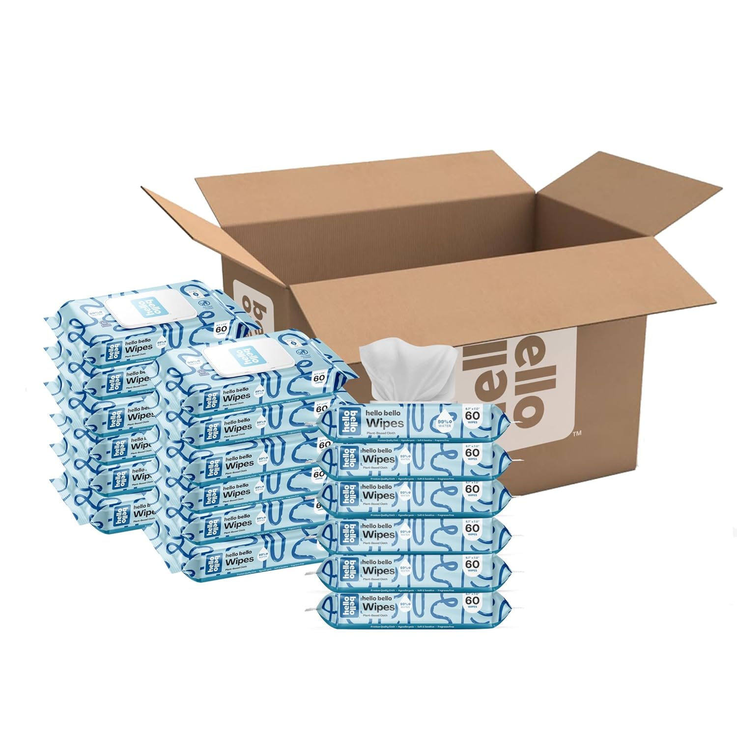 hello bello premium fragrance-free baby wipes with chamomile aloe extracts for sensitive skin, 12 resealable packs of 60ct each