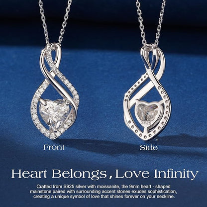MOOSEA Mothers Day Gifts for Wife Infinity Moissanite Necklace, 1-3CT 925 Sterling Silver with Rhodium Plating Anniversary Birthday Gifts for Women Mom Her Moissanite Heart Pendant Jewelry Gift