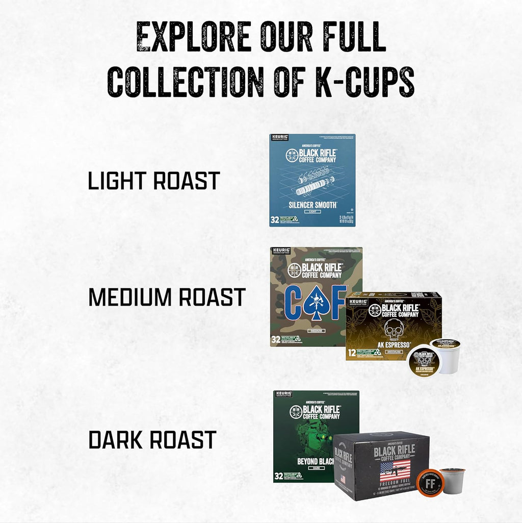Black Rifle Coffee Company variety pack with 48 K Cups, including Silencer Smooth, AK Espresso, Just Black, and Beyond Black