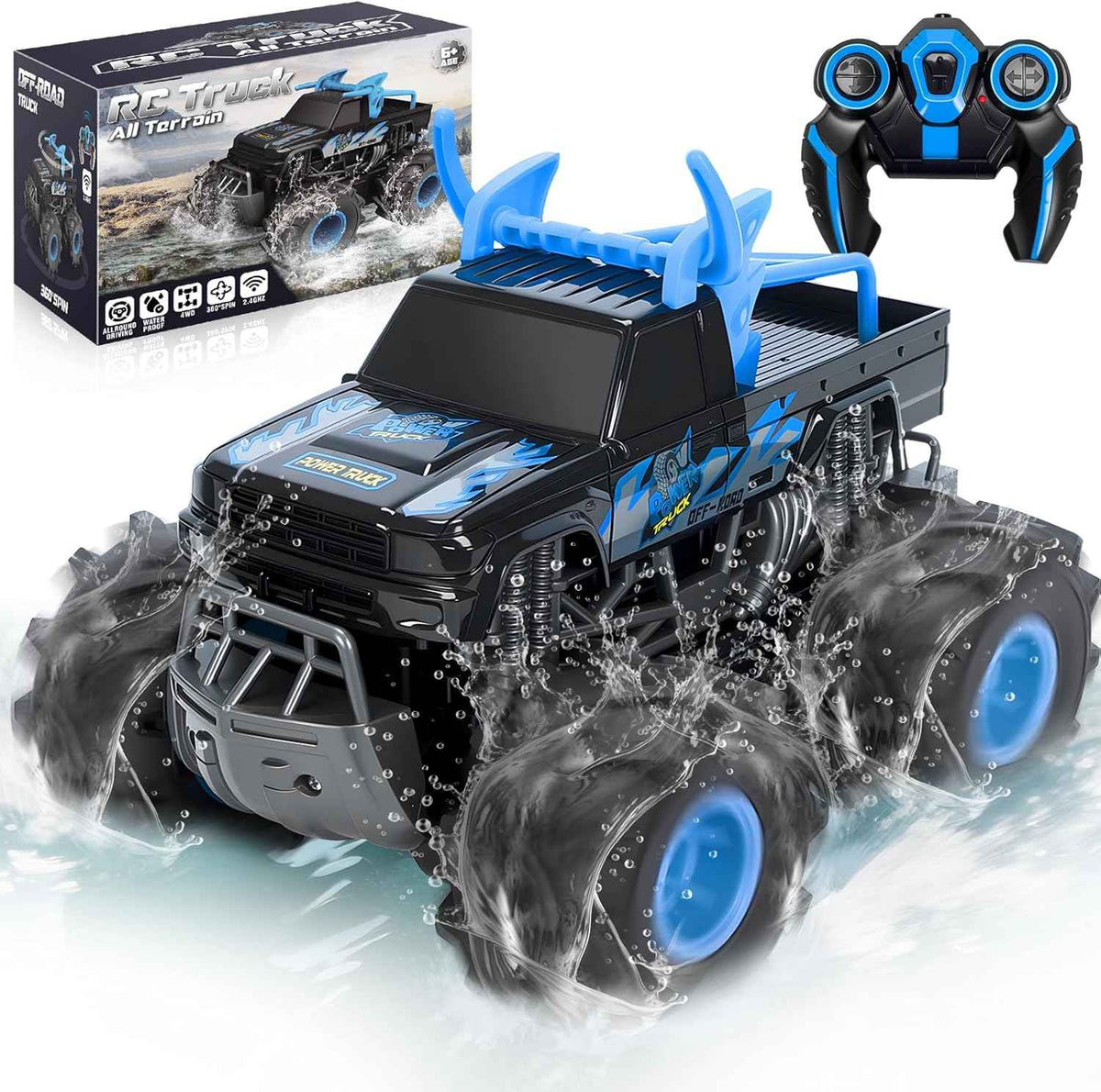 BainGesk Waterproof Remote Control Monster Truck Toys, 1:16 RC Car, 2.4GHz 4WD All Terrain Car Toys with 2 Rechargeable Batteries, Off-Road Truck Gifts for 6, 7, 8, 9, 10, 11, 12 Year Old Boys