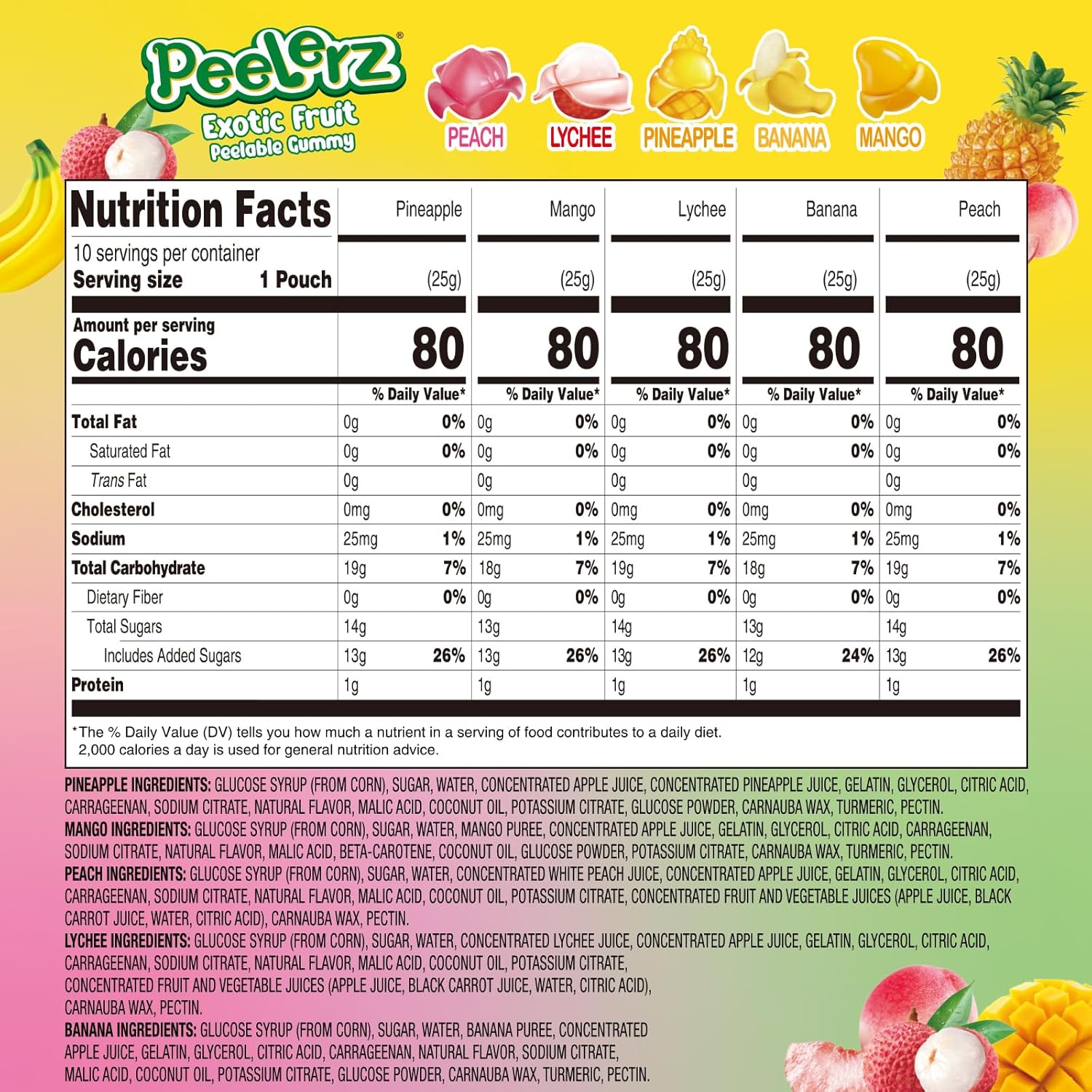 AMOS Peelerz Exotic Fruit Peelable Gummy Candy – 5 Fruit Flavors (Mango, Peach, Banana, Pineapple, Lychee), 8.47oz (240g), Individually Wrapped