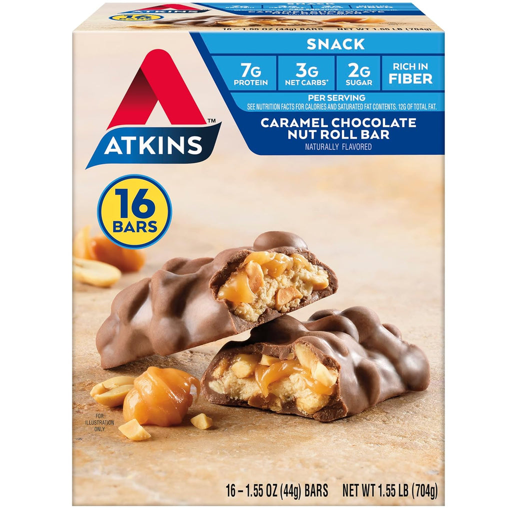 atkins caramel chocolate nut roll protein snack bars 7g protein 16 count