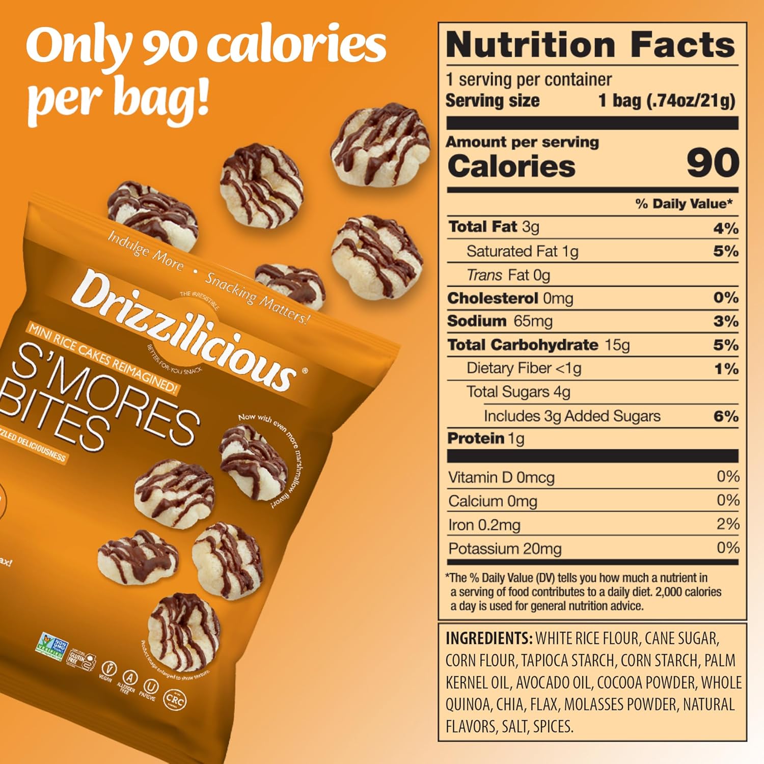 drizzilicious mini rice cakes variety pack, gluten free, vegan, low calorie, perfect snack for adults and kids, 0.74 oz, 12 pack