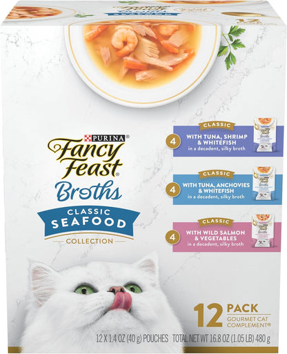 PLrina Fancy Feast Lickable Wet Cat Food Broth Complement Classics Collection Variety Pack - (Pack of 12) 1.4 oz. Pouches