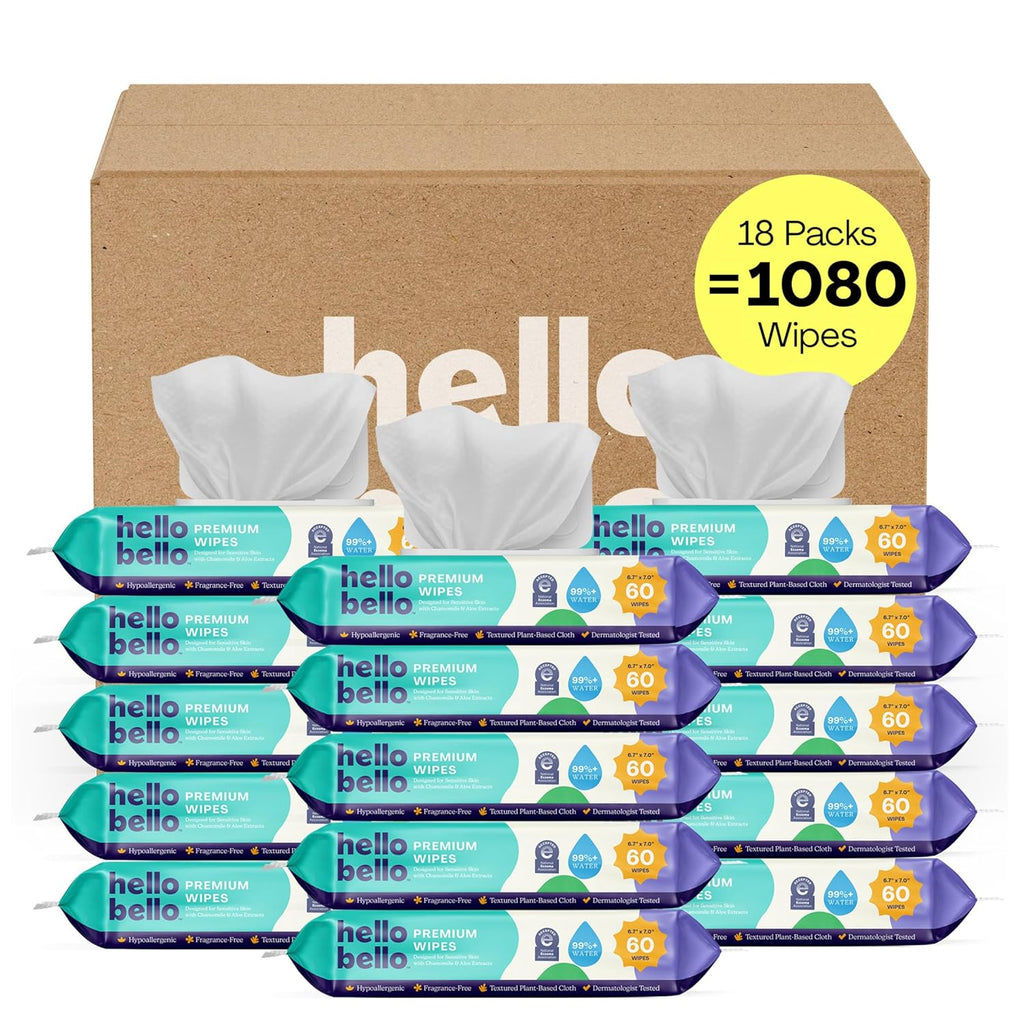 hello bello premium fragrance-free baby wipes with chamomile aloe extracts for sensitive skin, 12 resealable packs of 60ct each