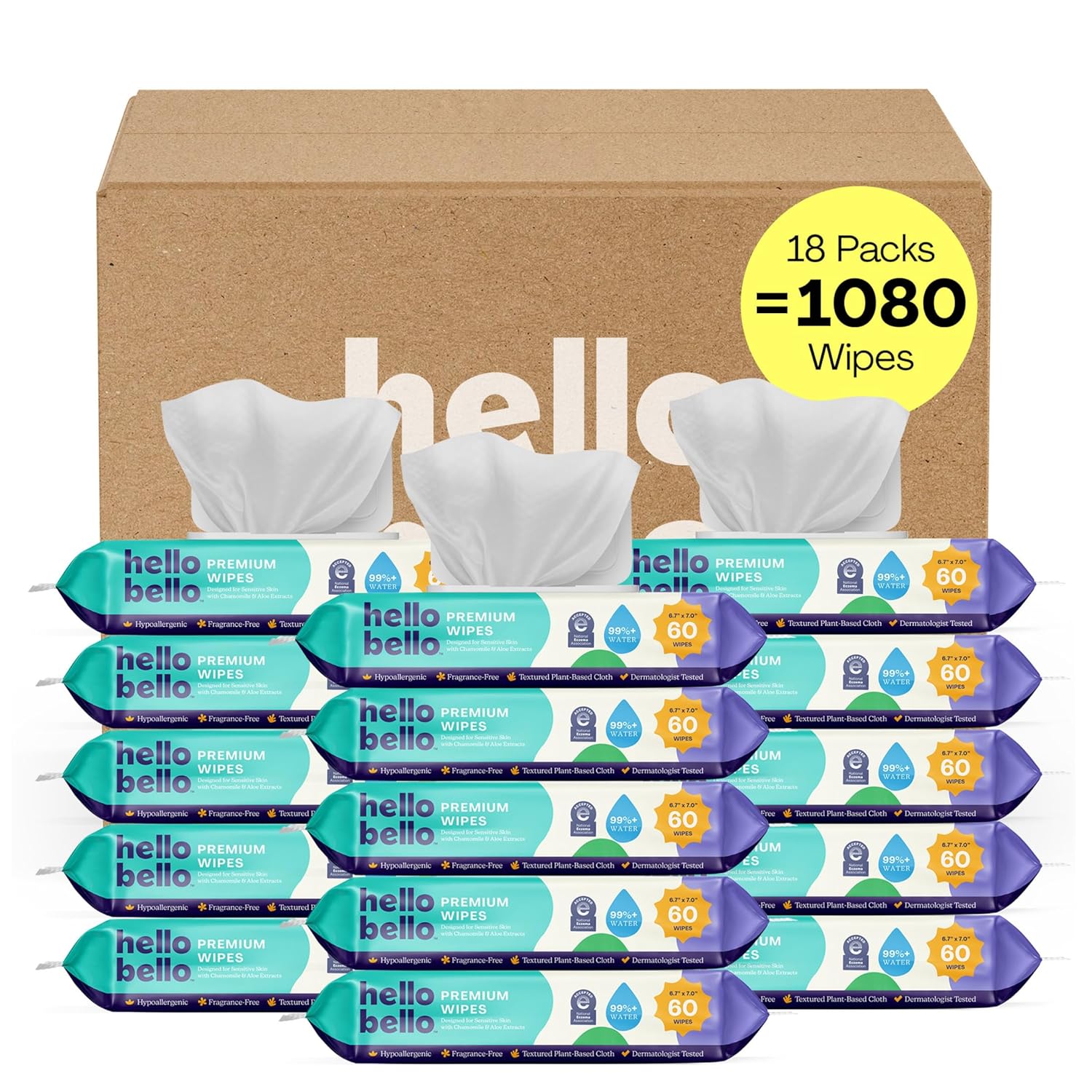 hello bello premium fragrance-free baby wipes with chamomile aloe extracts for sensitive skin, 12 resealable packs of 60ct each