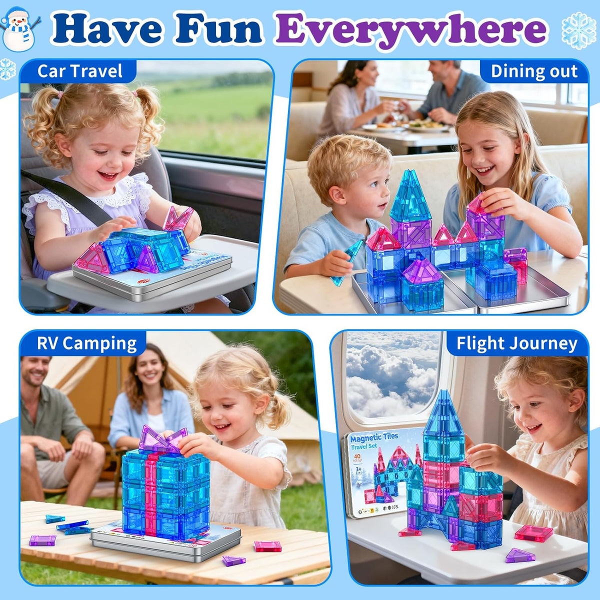 Mini Magnetic Tiles Travel Set 40PCS with Iron Box Princess Castle Pretend Girl Play Toys Age 3 4-5 6-8, Educational Portable Magnet Building Tiles Christmas Birthday Gifts for Toddlers Boys & Girls