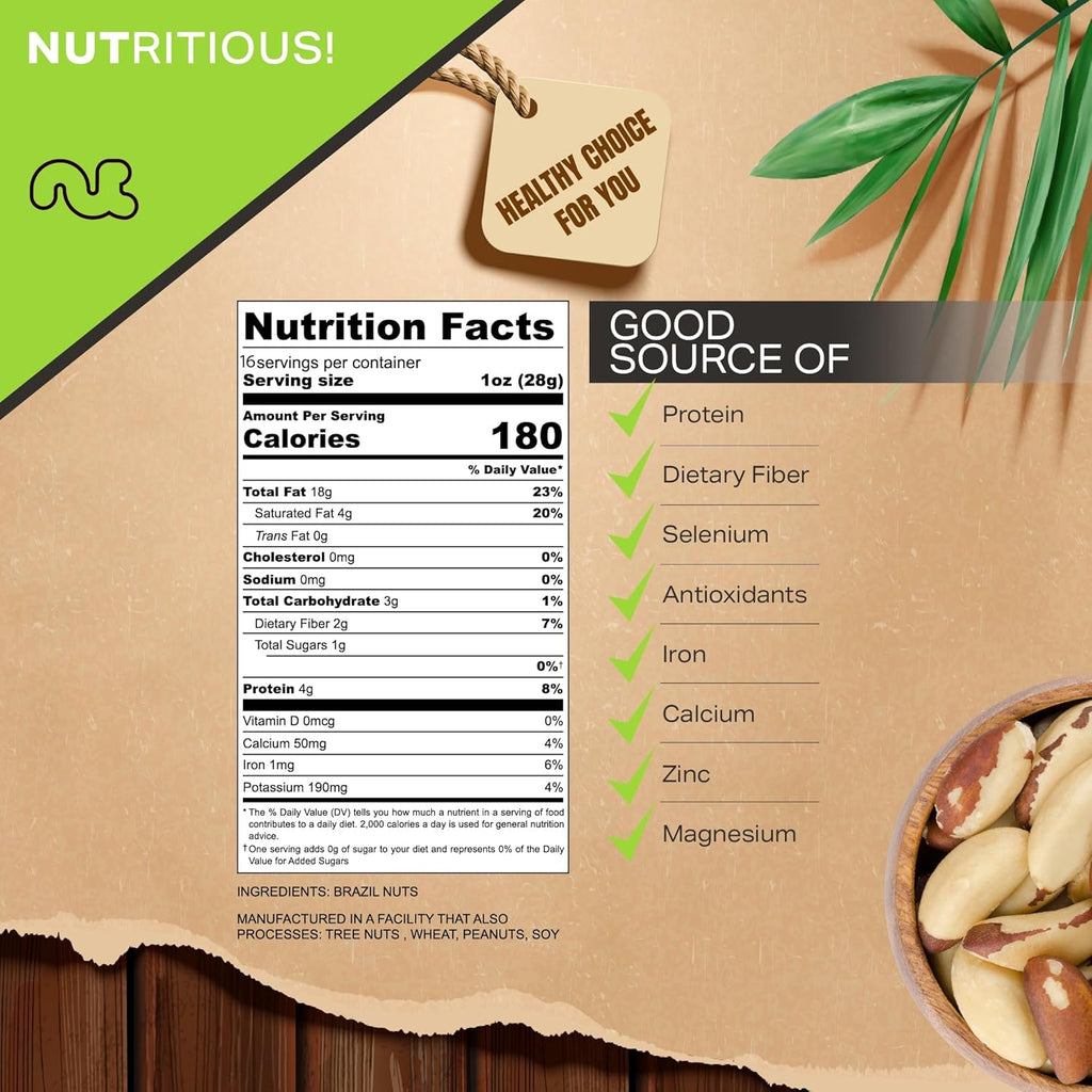 Raw Brazil Nuts, unsalted, no shell, whole, 16oz - 1 LB, packed fresh in resealable bag, kosher healthy snack