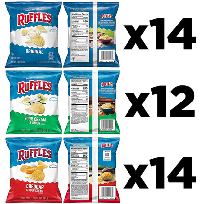 ruffles potato chips variety pack, 40-count, original, sour cream & onion, cheddar sour cream
