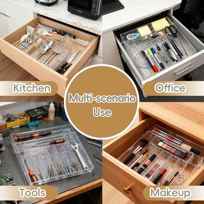Silverware Organizer, Clear Utensil Drawer Tray with Adjustable Compartments for Spoons, Forks, Knives