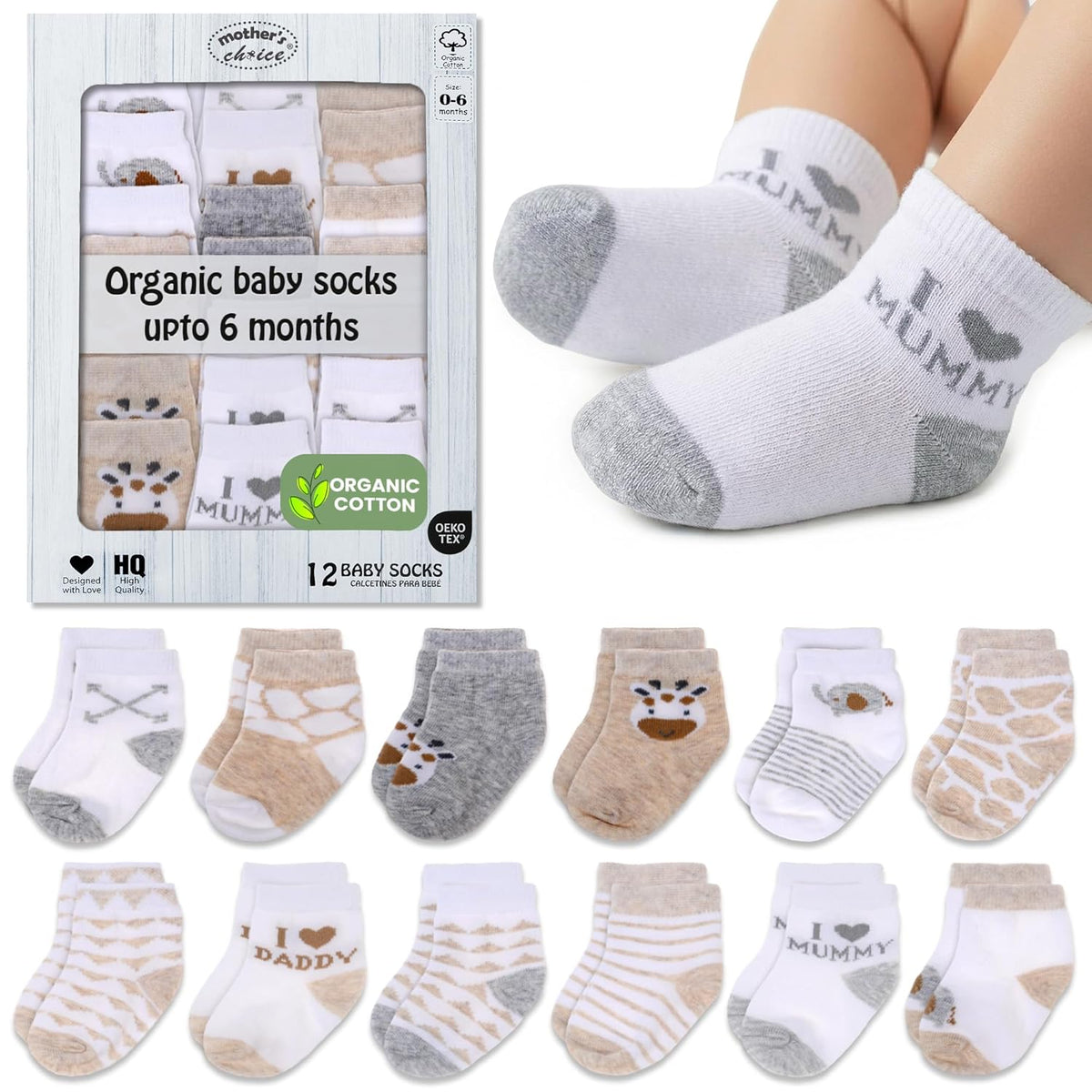 Mother's Choice Organic Cotton Baby Socks 0-6 Months, 12 pairs, Soft, Cozy, and Gentle Socks for Infants Girls and Boys