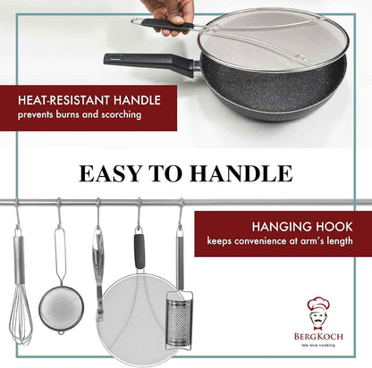 BergKoch Splatter Screen for Frying Pan - 13 Inch Stainless Steel Grease Splatter Guard - Cover Oil Splash when Sizzling Bacon, Cooking Fried Chicken or Popcorn