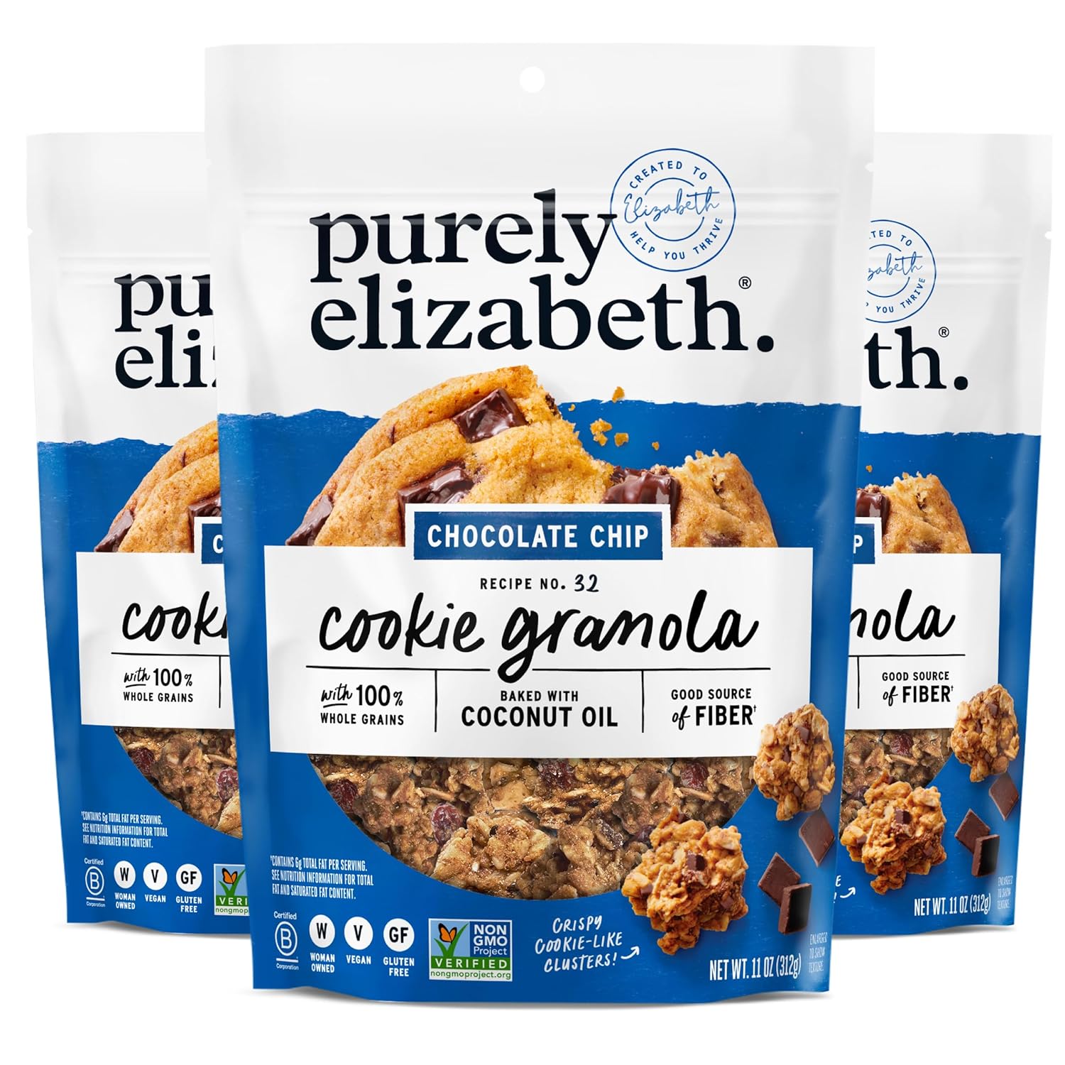 Purely Elizabeth Cookie Granola Chocolate Chip 11 OZ 3-Pack with 100% Whole Grains and Gluten-Free
