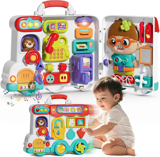 54-in-1 English & Spanish Busy Board Montessori Toys Gift for 1 2 Year Old Boys, Educational Montessori Toddler Boys Toys, Christmas Toys Gifts Toy for 1 Year Old Boy,1 2 Year Old Boy Toys Gifts
