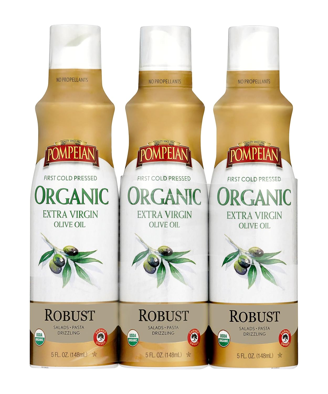 Pompeian USDA Organic Extra Virgin Olive Oil Non-Stick Spray, No Propellant, 5 Fl Oz, Pack of 3