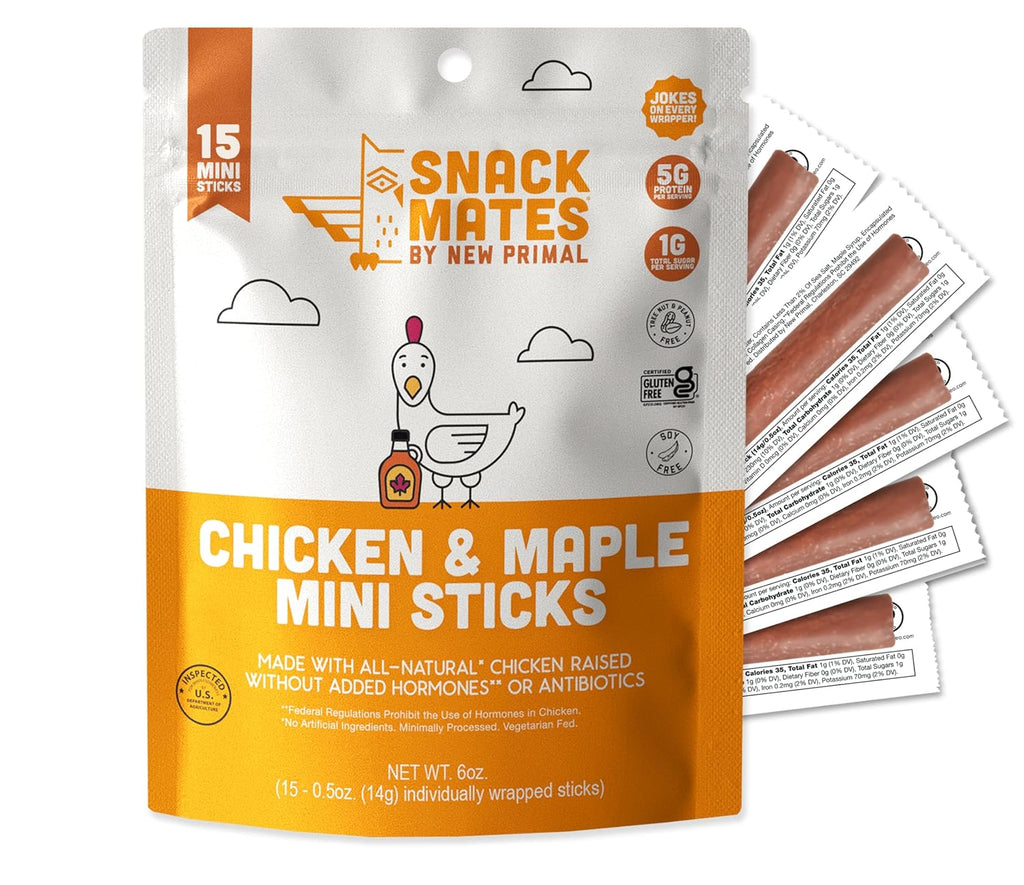 New Primal Snack Mates Gluten-Free Chicken & Maple Sticks, Healthy Snacks for Kids, Low Sugar High Protein, 15 Pack