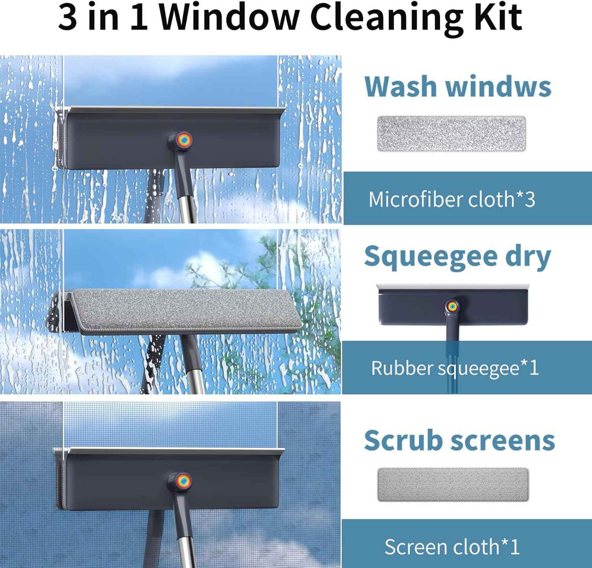 3 in 1 window squeegee with 60 extension pole for home glass mirrors and screens cleaning kit