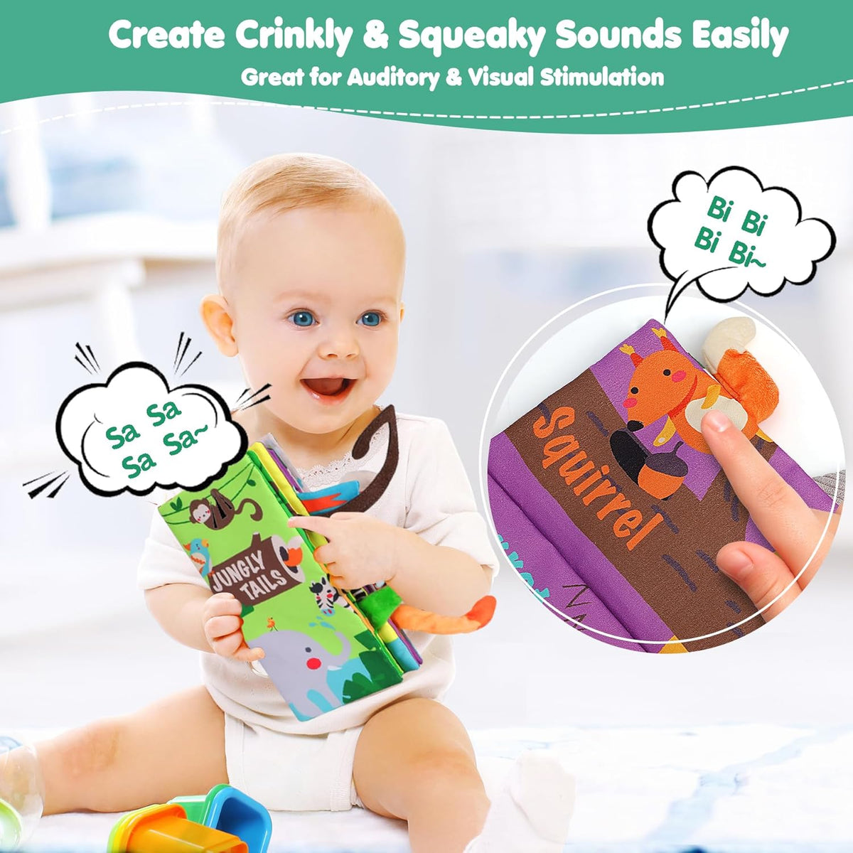 beiens Baby Books Toys, Touch and Feel Crinkle Cloth Book for Infant Baby 0-3-6-12-18 Months, Early Development Interactive Stroller Soft Toys, Newborn Gifts for Boys Girls