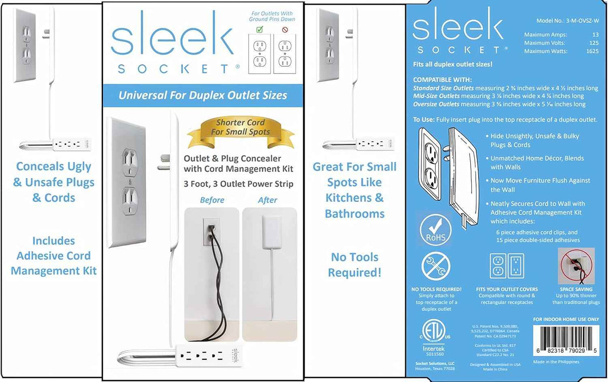 Sleek Socket Original & Patented Flat Ultra-Thin Outlet Concealer with Extension Cord Kit, Multi Outlets Power Strip, Ideal for Home Improvement, Hide Bulky and Messy Cords, 3ft