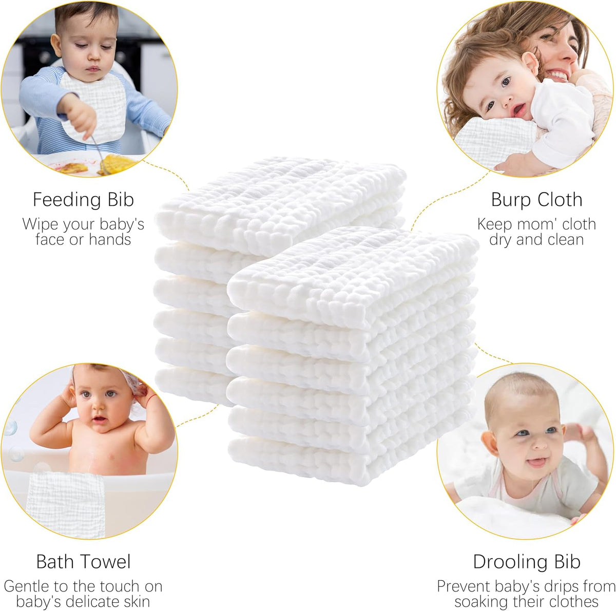 12 Pack Muslin Burp Cloths 100% Cotton Muslin Cloths Large 20''x10'' Extra Soft and Absorbent Baby Burping Cloth - White