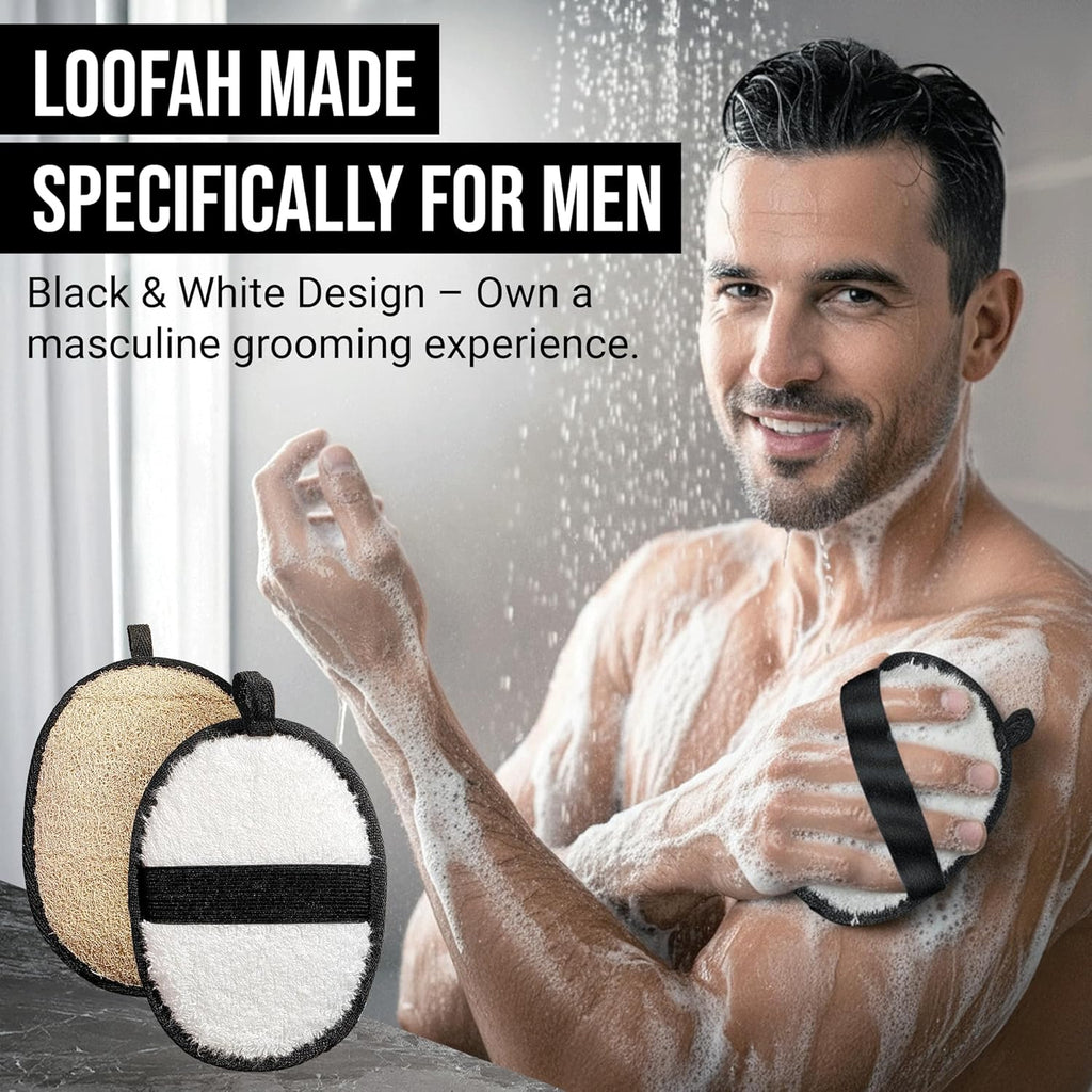 Natural loofah body scrubbers for men, black and white 2PCS Egyptian luffa sponge exfoliator set, durable men's hygiene pad