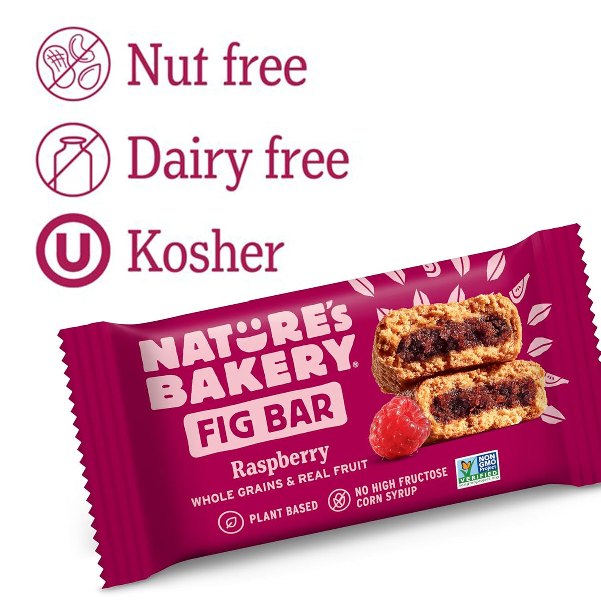 Nature’s Bakery Whole Wheat Fig Bars, Raspberry, Real Fruit, Vegan, Non-GMO, Snack bar, 1 box with 12 twin packs (12 twin packs)
